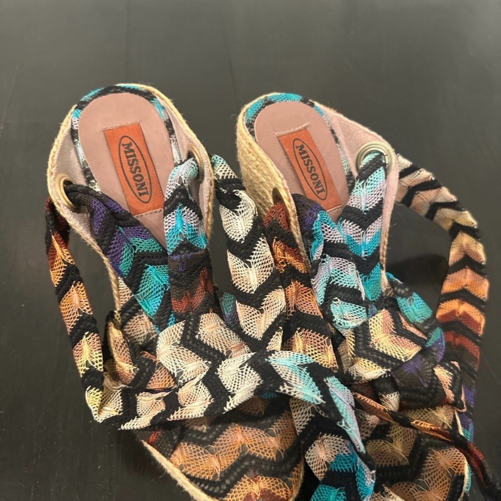 Missoni Multicolor Chevron Knit Wedge Sandals - Teal, Purple, Orange, Black